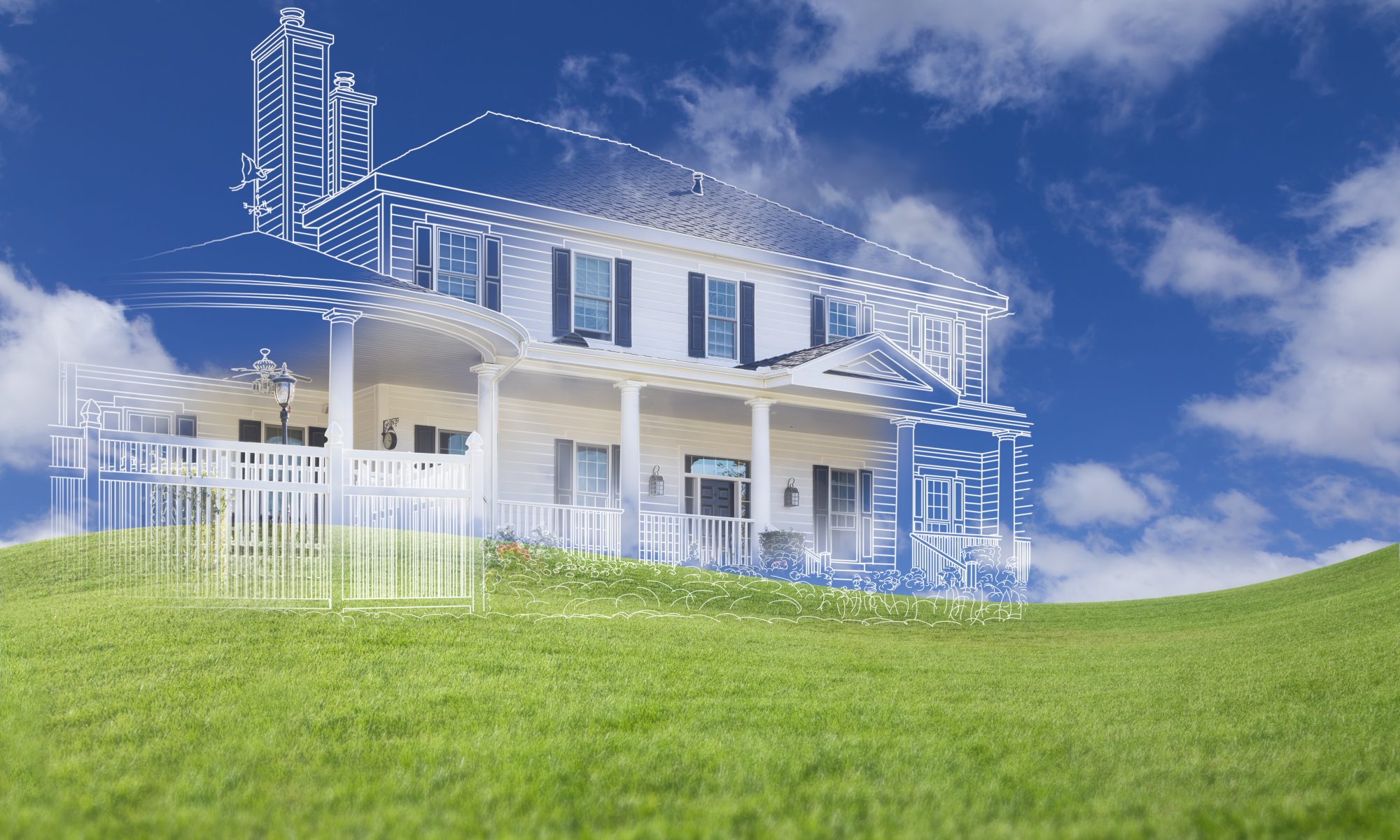 Beautiful Custom House Drawing and Ghosted House Above Grass Field.