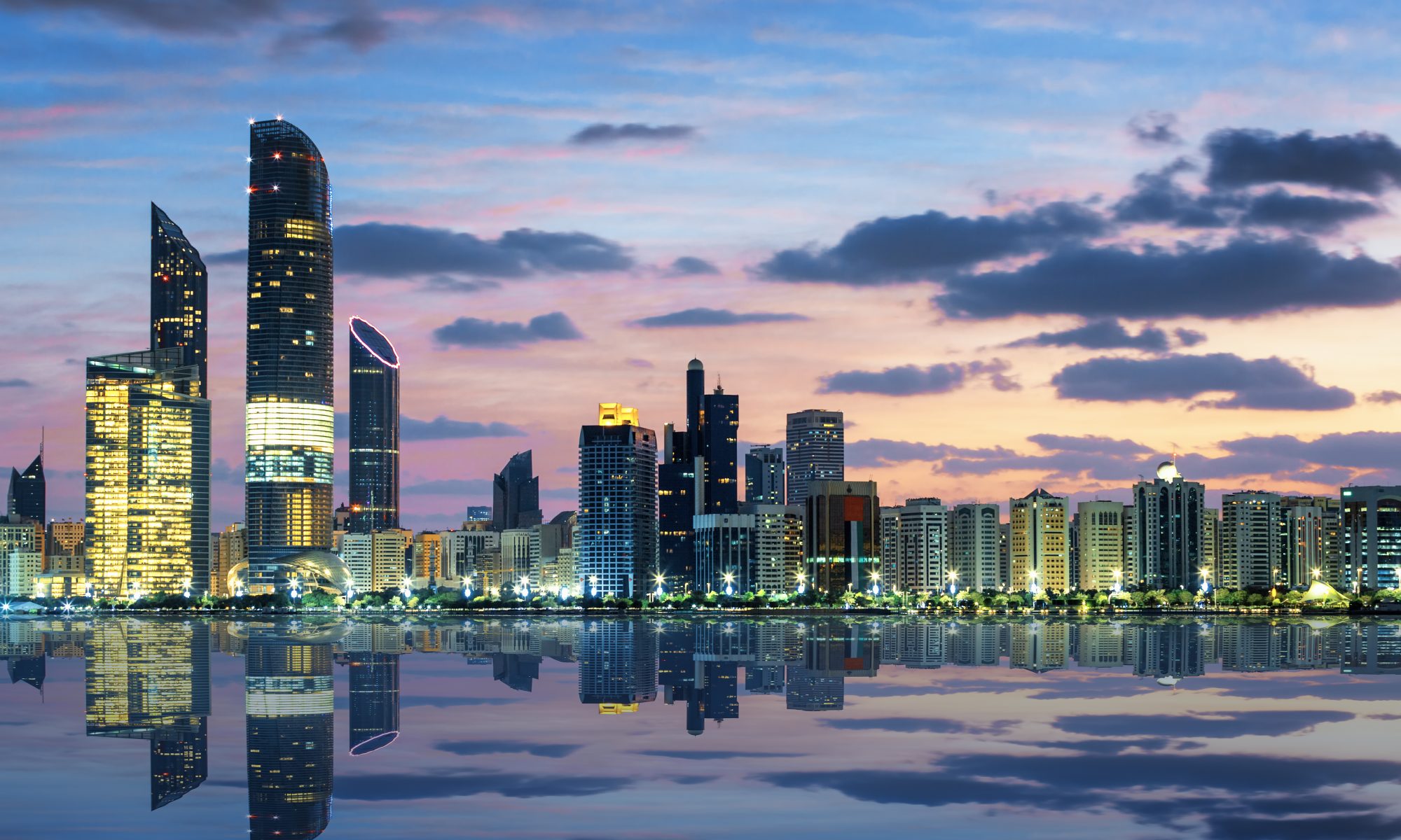 Conference hotels in Abu Dhabi, View of Abu Dhabi Skyline at sunset, United Arab Emirates