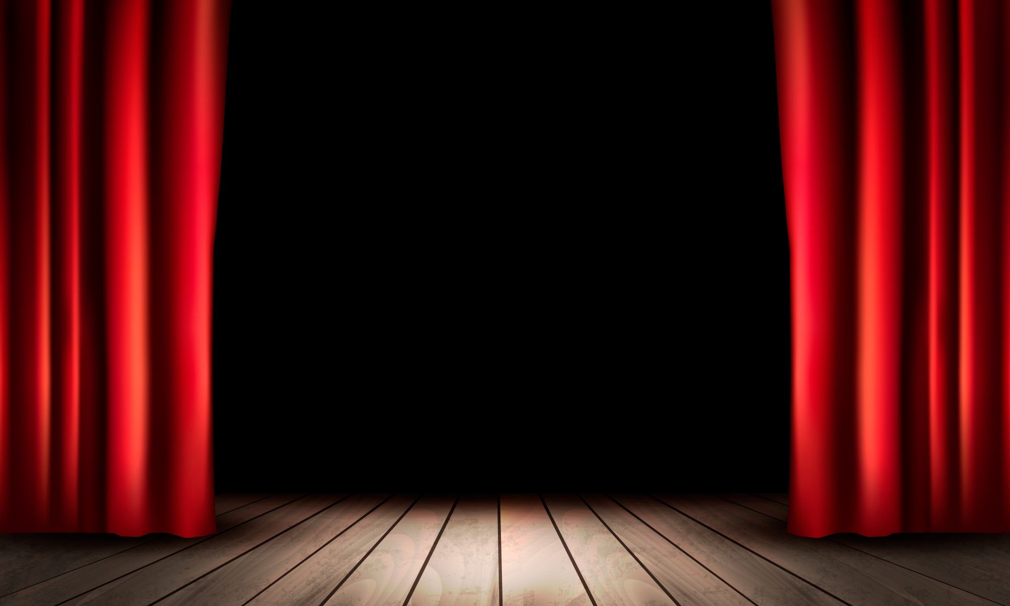 Theater stage with wooden floor and red curtains. Vector.