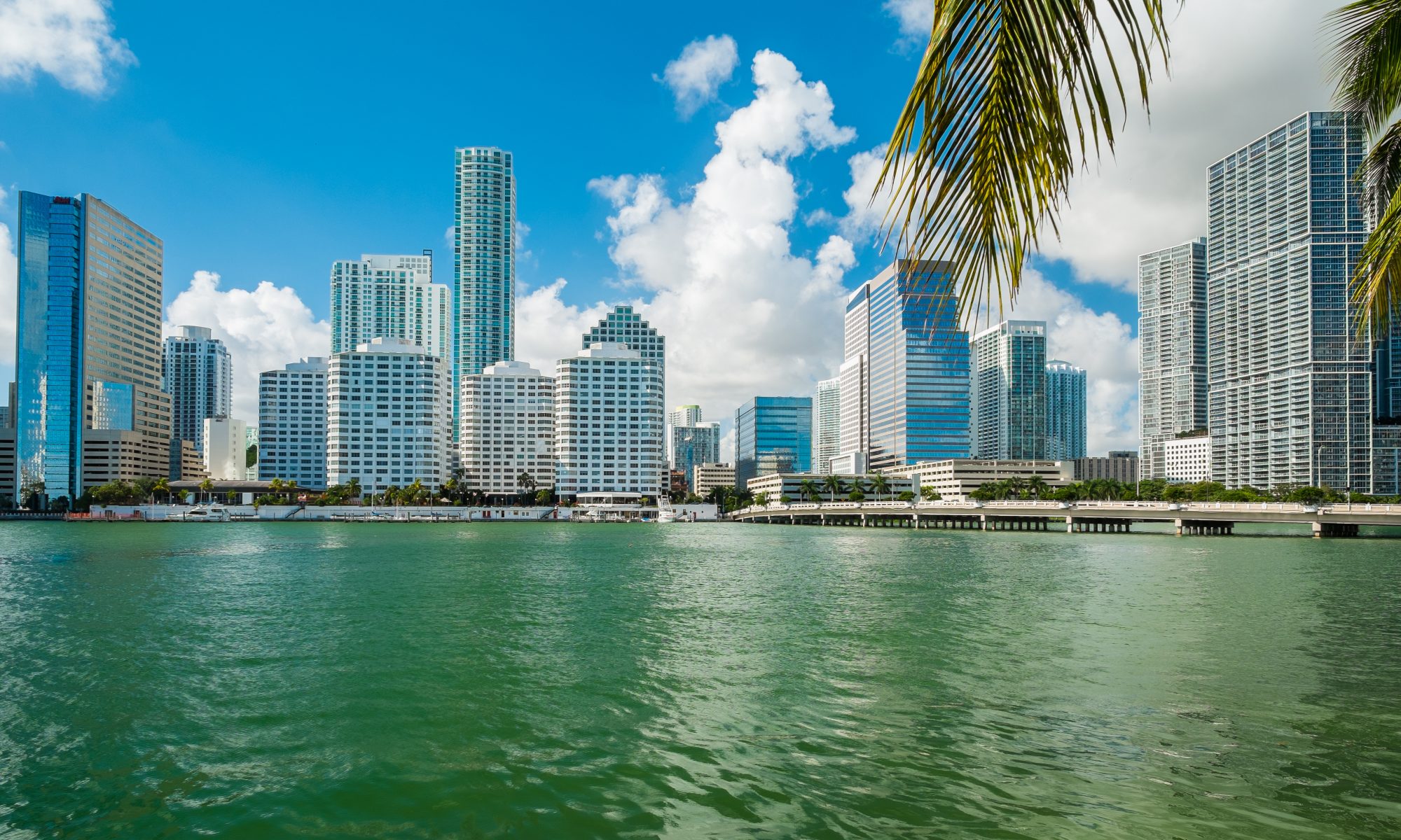 Downtown Miami view along Biscayne Bay from Brickell Key.