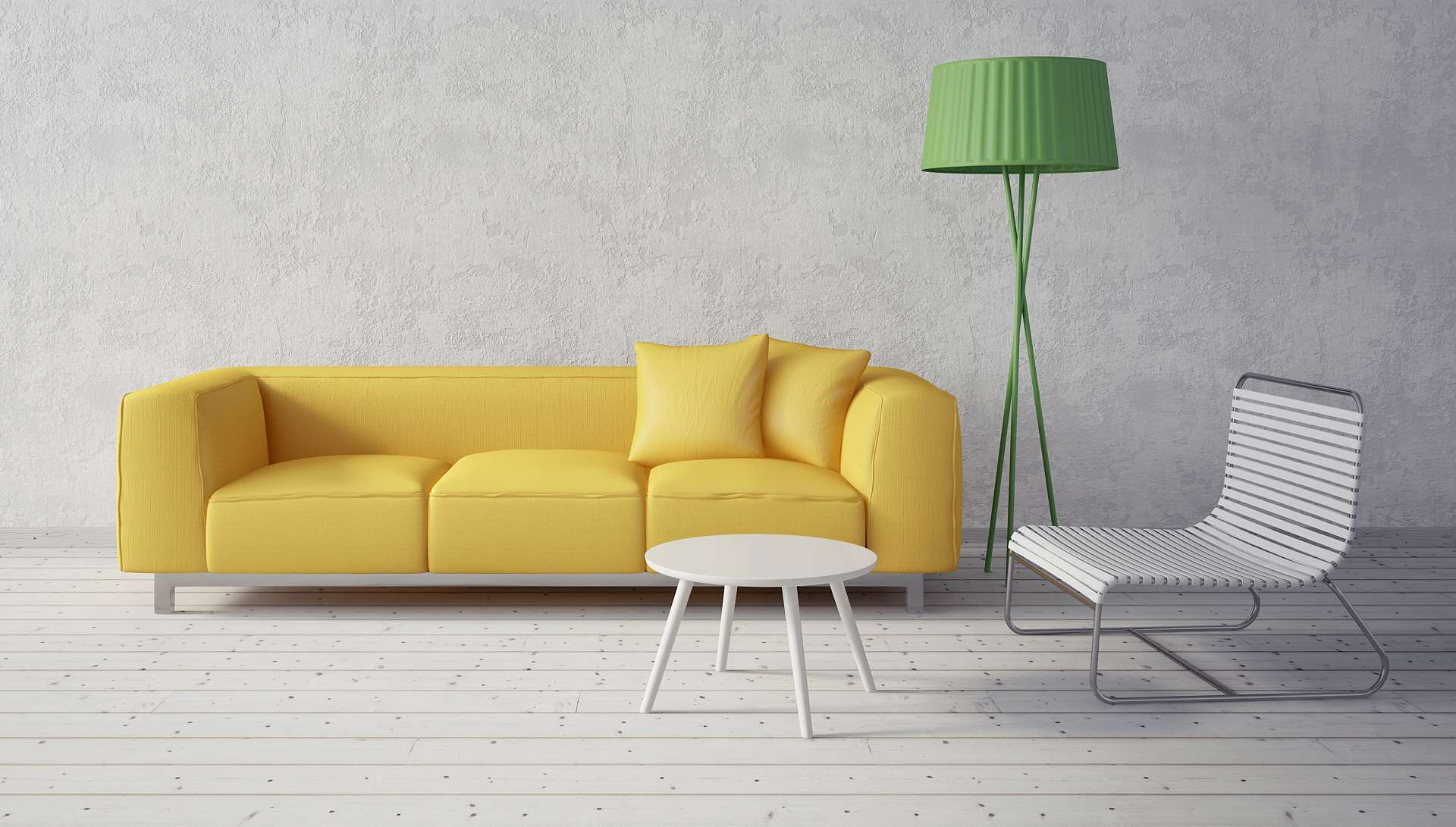 Yellow couch with chair and floor lamp - Brussels Furniture Fair